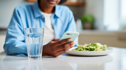 Woman using smartphone at breakfast table with salad and water.
