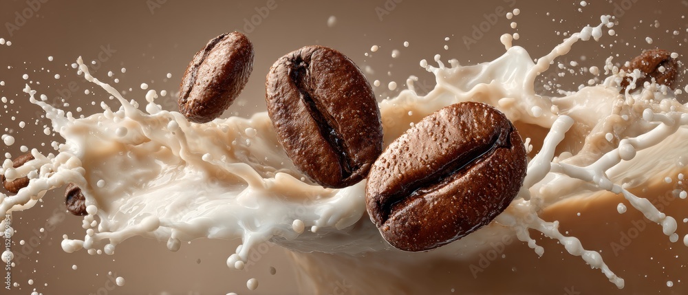 Poster close-up of coffee beans splashing into creamy milk or coffee, creating dynamic droplets and a rich,