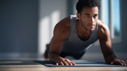 Focused man holding plank position during home workout.
