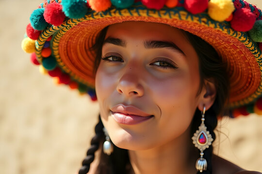 Close-up portrait of a young woman with a vibrant hat adorned with colorful pom-poms and elegant ethnic earrings