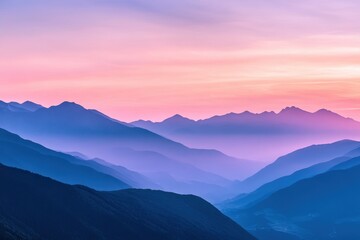 Vibrant pink and blue sunset casts a serene glow over distant mountain ranges, Pink and blue sunset over a mountain range