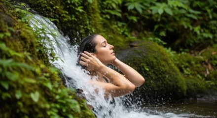 Woman washing hair under waterfall in lush natural environment image for wellness spa travel article