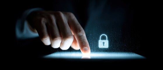 A finger touches a glowing digital surface with a holographic padlock symbol, representing cybersecurity and data protection.