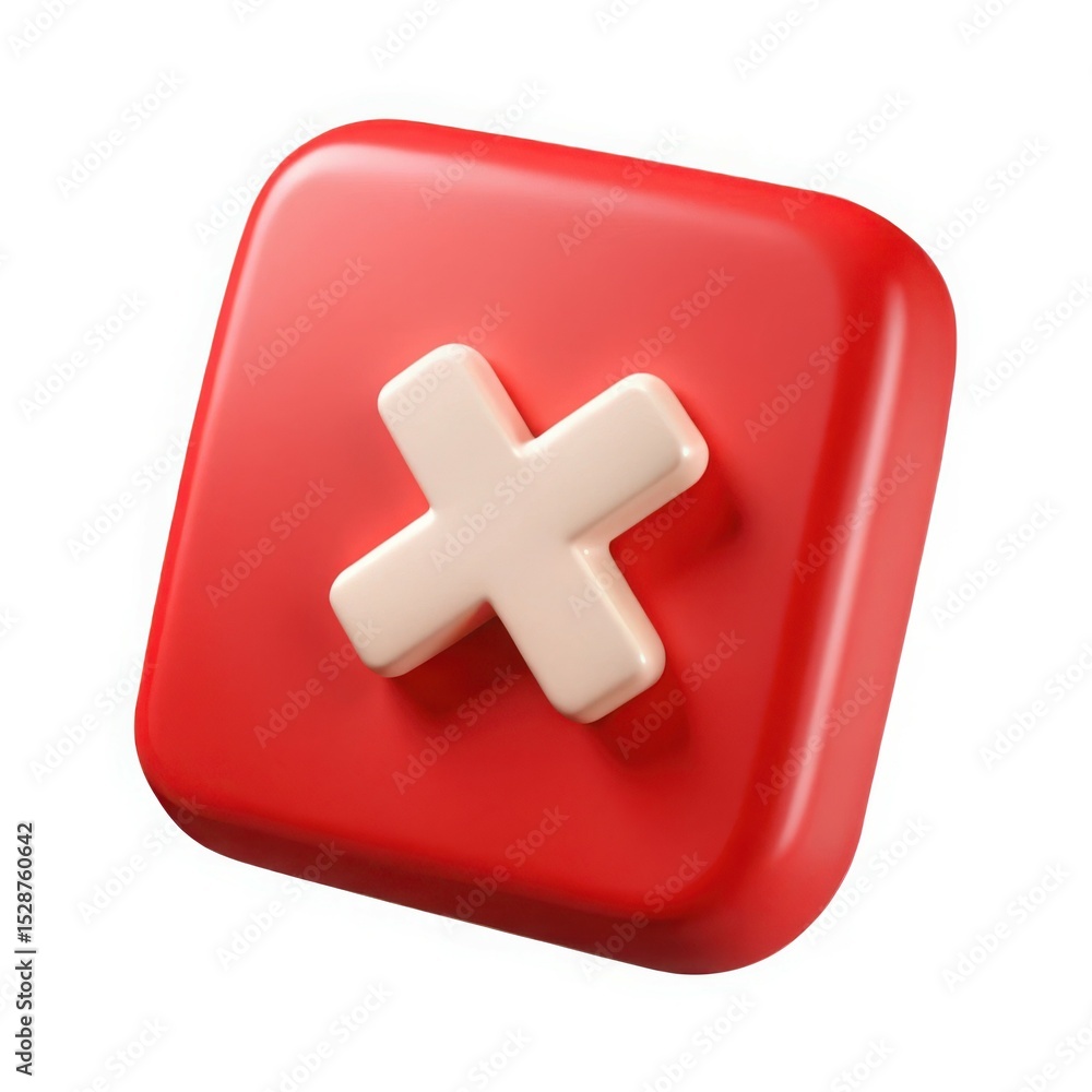 Poster 3d red square button with white cross icon realistic render