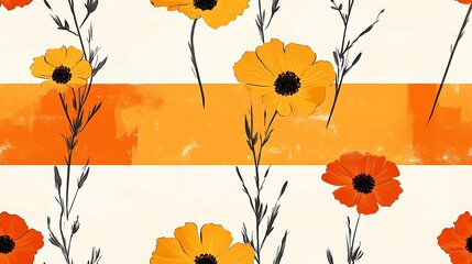 Digital illustration of marigolds over burnt orange and cream stripes, minimalist graphic style, warm seasonal colors. Created Using: vector art, flat design, clean lines, autumn palette,