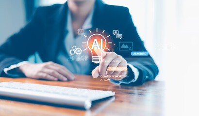 AI agent generate. user pointing virtual AI lightbulb icon with Generate button, command prompt...