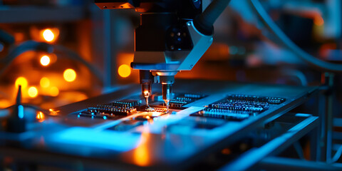 Microscope analyzing electronic tech components, high-tech research and engineering innovation

