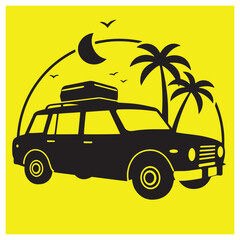 Black silhouette of a car loaded for a tropical vacation with palm trees and crescent moon