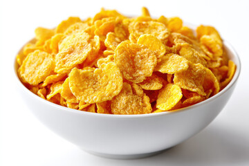 Bowl of corn flakes cereal, on white background