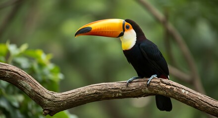 熱帯雨林 鮮やか色彩 オニオオハシ 木枝 止まる 静寂. AI Generated