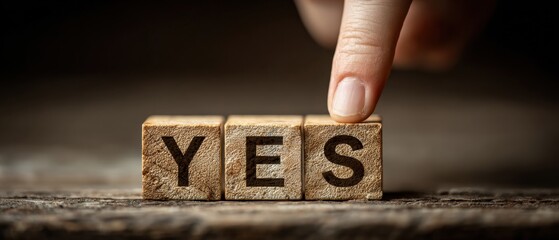A hand is placing the final wooden block, completing the word "YES" on a textured surface with a blurred background.