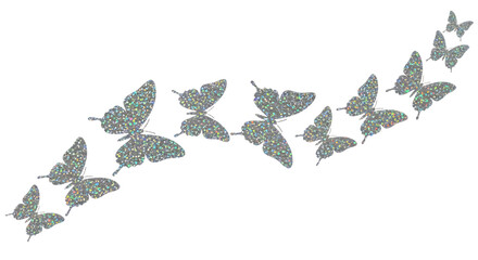 Silver glitter butterflies flying in a decorative swirl, isolated on white & transparent background. Perfect for wedding invitations, baby shower designs, birthday cards, party decor, crafting,
