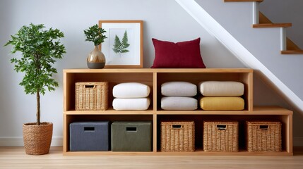 Fototapeta premium Modern wooden shelves storing blankets and cushions under staircase with houseplant