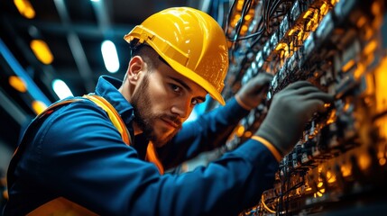 Focused worker in a factory, wearing a yellow hard hat, adjusts wires on a panel