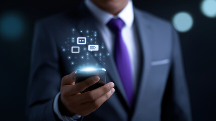 Man in a suit holding a smartphone with glowing digital communication icons floating above. 
