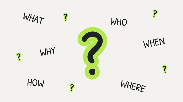 Question mark animation concept with what, who, where, when, why, and how. Useful for educational videos, business presentations, explanatory content, and decision making topics.