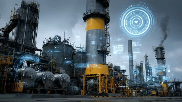 Futuristic augmented reality user interface monitoring and controlling industrial production in a smart factory, showing real time data analysis and process optimization