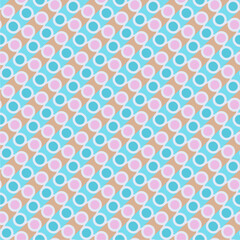 This seamless abstract geometric pattern features playful circular shapes in pastel blue, pink, and tan hues on a diagonal layout, ideal for textiles, wallpapers, gift wraps, and digital backgrounds