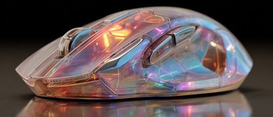A futuristic, translucent computer mouse with vibrant, iridescent colors reflecting light on its sleek surface.