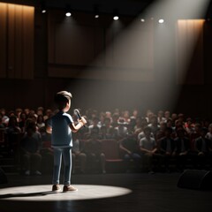 Cartoon Character Delivering a Speech on Stage to a Large Audience under Spotlight, Public Speaking Event