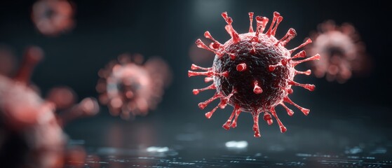 Close-up 3D illustration of a red and black virus particle with spike proteins floating in a dark environment.