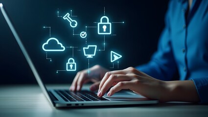 Hands Typing on Laptop with Futuristic Digital Security Icons