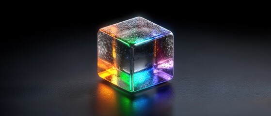 A glowing, transparent cube emits vibrant rainbow colors on a dark reflective surface, creating a futuristic and visually striking effect.