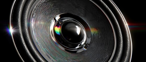 Close-up of a black speaker cone with visible textures and light reflections, showing intricate details and subtle rainbow light effects.