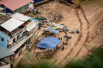 An aerial view of the Thai-Myanmar border during the construction of flood barriers by both Thailand and Myanmar to prevent flooding.