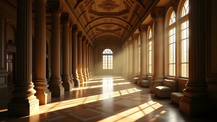 Sepia Toned Ornate Hallway with Arched Windows and Columns