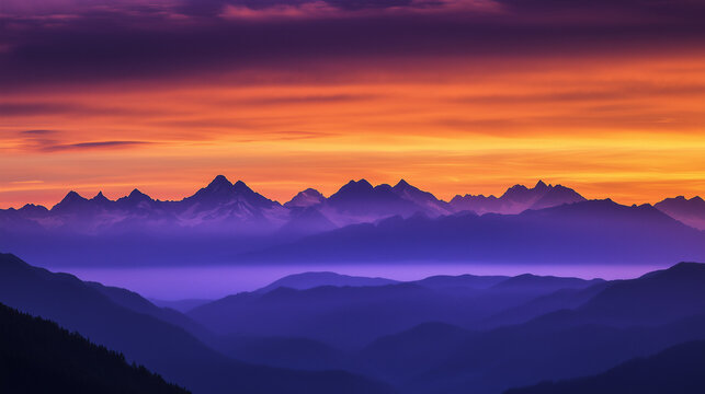 Golden peaks under a vibrant orange and purple sky, showcasing nature's majestic beauty.