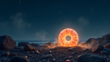 Ethereal Glowing Object Amid Starry Night and Scattered Pebbles