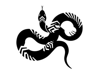 Snake drawing in tribal vector art style, aggressive curved viper with detailed head and tail for tattoo and icon use