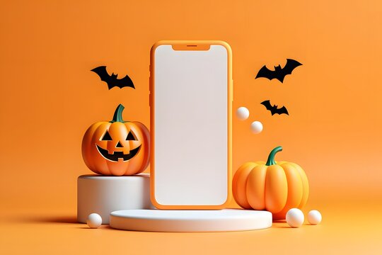 Festive halloween composition featuring a smartphone jack o lanterns and bats on an orange backdrop