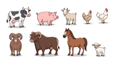 Obraz premium A collection of cartoon farm animals including a cow, pig, chicken, goat, and horse