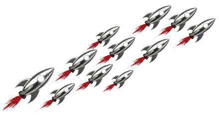 Silver rockets in formation, symbolizing rapid business growth, startup success, market leadership, and innovation. Ideal for finance reports, tech launches, and competitive strategy presentations,