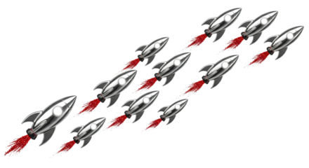 Silver rockets in formation, symbolizing rapid business growth, startup success, market leadership, and innovation. Ideal for finance reports, tech launches, and competitive strategy presentations,