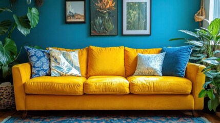Mustard yellow velvet sofa in a teal room with art and plants