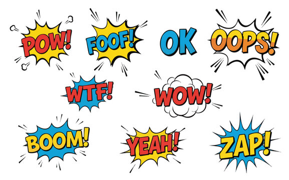 A collection of comic-style sound effect words in vibrant colors