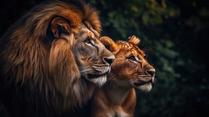 Male and Female Lion Family. A Pair of Lion as Adult and Cub Isolated on White Background