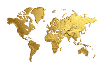 Golden textured world map showing all continents with metallic foil finish and dimensional appearance, isolated on a transparent background