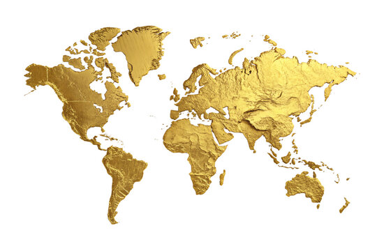 Golden textured world map showing all continents with metallic foil finish and dimensional appearance, isolated on a transparent background - Powered by Adobe
