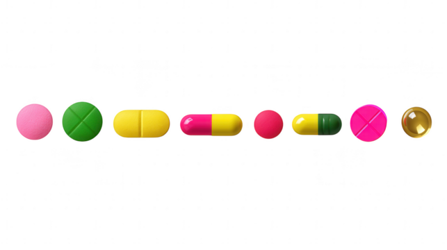 Colorful pills and capsules row isolated on transparent background