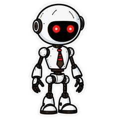 Cute cartoon robot with red tie on with glowing red eyes standing in a playful pose sticker vector 