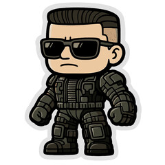 Tactical Soldier Sticker Vector – Chibi Style Black Armor Character with Sunglasses