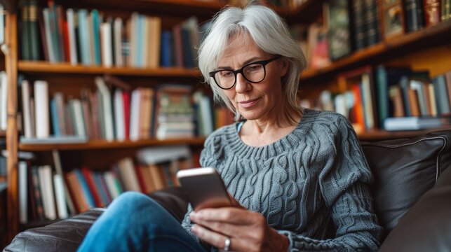 Joyful mature woman relaxing at home while using smartphone for messaging and shopping on sofa