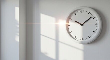 穏やか陽光浴びる白い壁掛け時計 静かに時を刻む. AI Generated