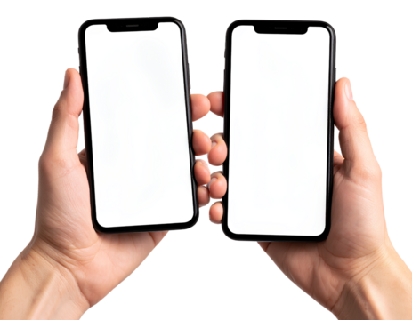 Dual Smartphones Held in One Hand, Transparent Background