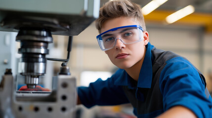 Young male technician operating industrial machine in modern manufacturing facility.
