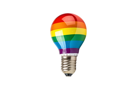 Rainbow striped light bulb with vibrant horizontal color bands from red to purple spectrum, isolated on a transparent background